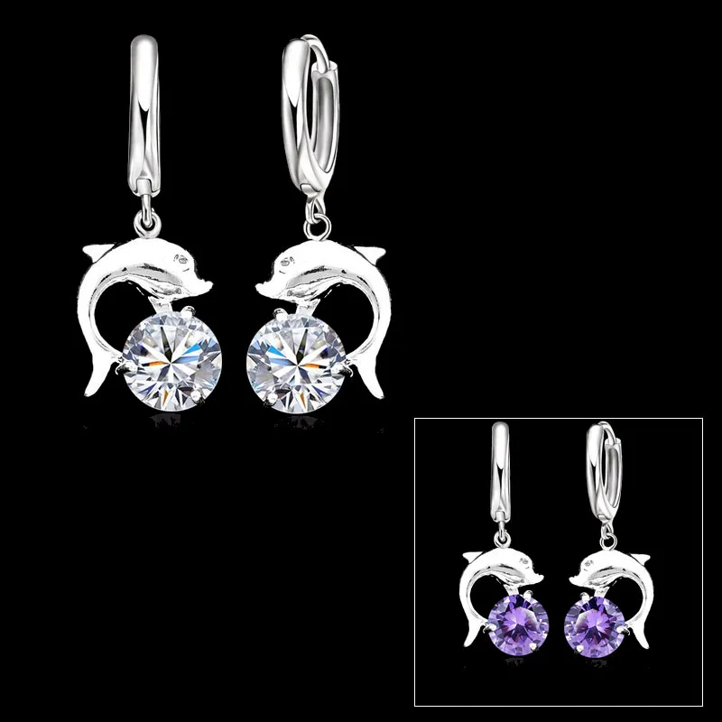 Hot Sale 925 Sterling Silver Cubic Zirconia Lever Back Loop Earrings Lovely Dolphin Design Jewelry For Woman Girl