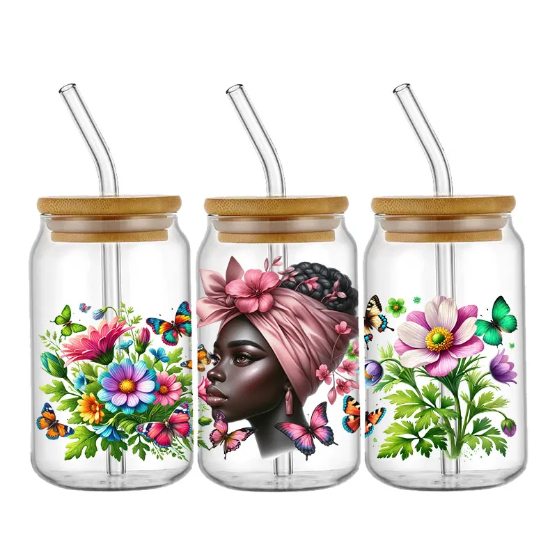 Custom Stickers Butterfly UV DTF Cup Wrap Flowers Transfers Stickers DIY Labels Selfadhesive Waterproof For 16OZ Glass Libbey