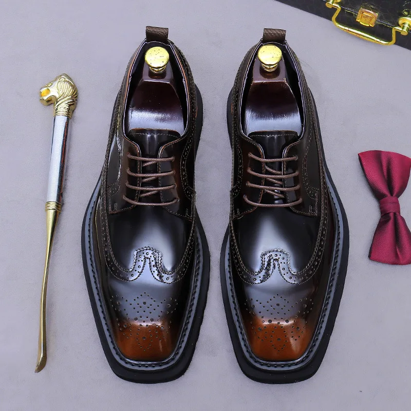 

Men's Black Patent Leather Brogue Oxfords Chunky Lug Sole Lace-Up Dress Shoes Formal Business Footwear for Wedding Graduation