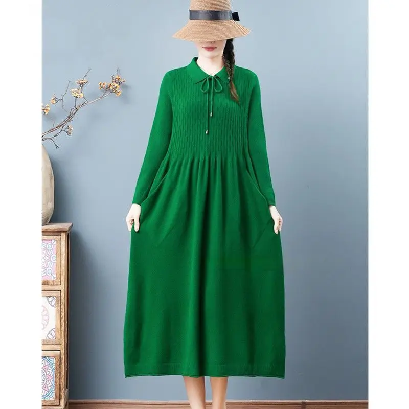 NEW Spring Autumn Long Wool Sweater Dress Women Fashion Loose Bottom Knitted Dresses Female Doll Collar Large Size Pullovers