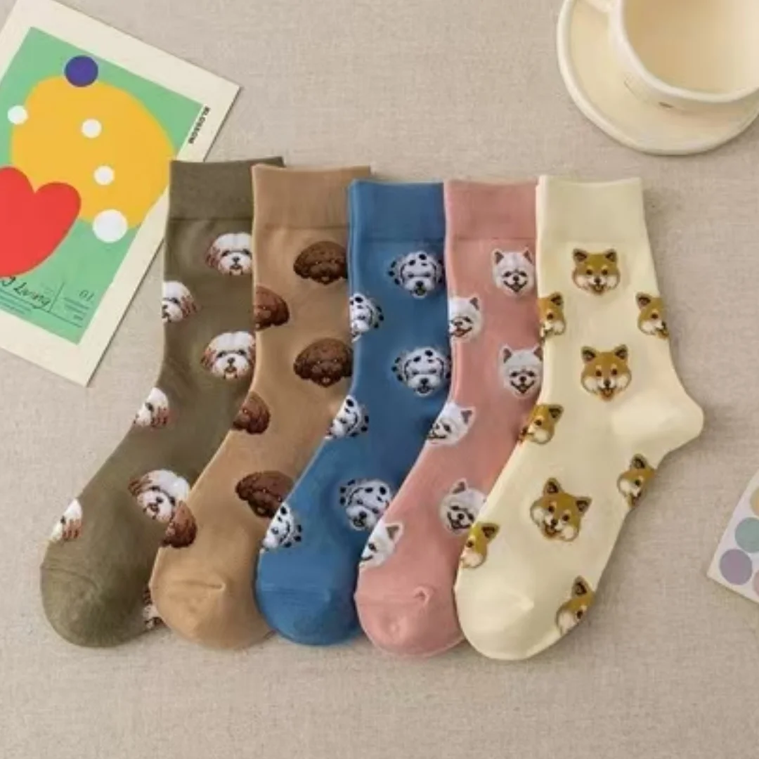 

5 Pairs Women's Cartoon Dog Pattern Mid-Calf Socks ，Comfortable Cute Animal Print For Daily Dress