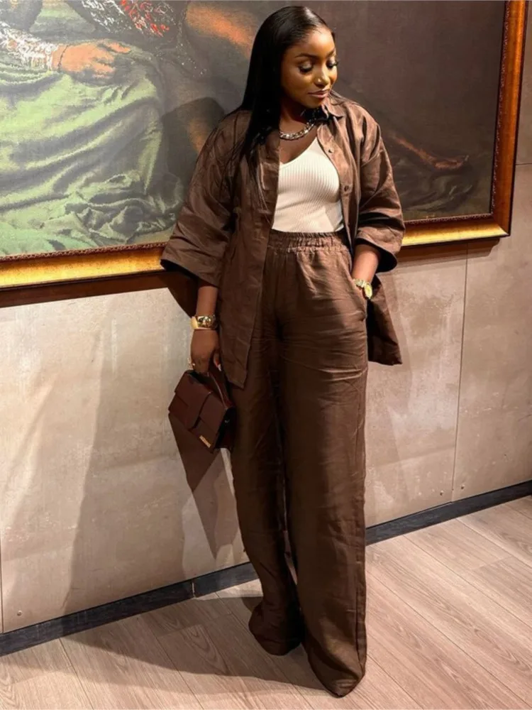 Pants Set For Women Spring Summer Loose Shirt Tops High Waist Wide Leg Trousers 2 Piece Sets Casual Office Ladies Trousers Suit