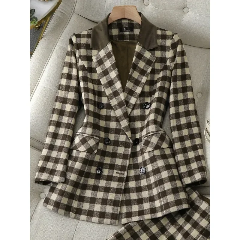 Autunno inverno Blazer allentato spesso donna verde albicocca Plaid femminile manica lunga triplo petto giacca dritta cappotto donna