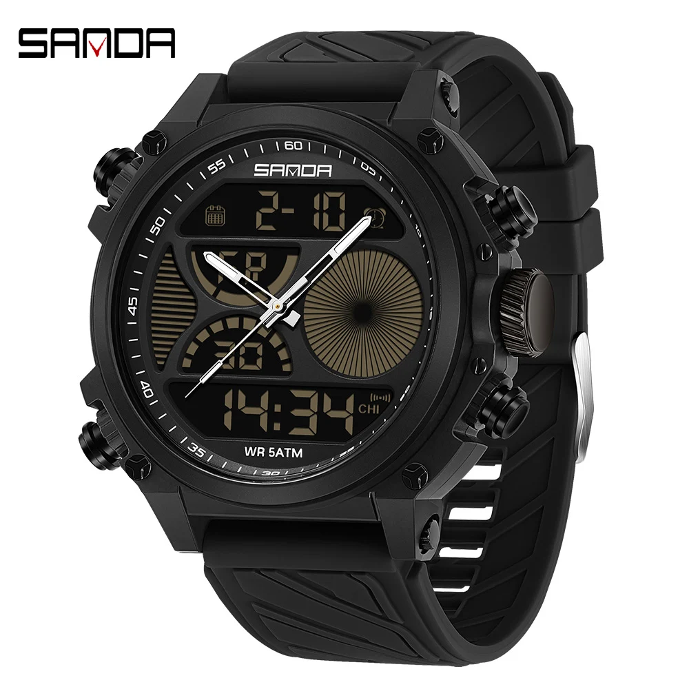 

SANDA модные брендовые водонепроницаемые мужские цифровые хронографы с двойным дисплеем, будильник с датой, корпус из цинкового сплава, дизайн с большим циферблатом, мужские наручные часы