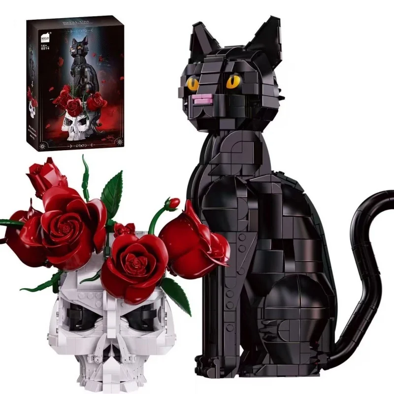 1576 particle style black cat assembly building blocks, skull vase with red rose bouquet, creative desktop art decoration collec view 5