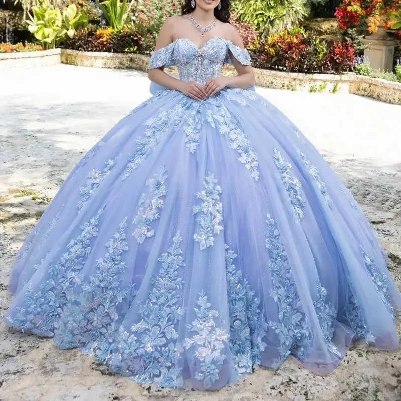 

Customized Sky Blue Princess Sweet 16 Quinceanera Dresses Applique Beads Bow Corset Party Birthday Vestides De Elegant