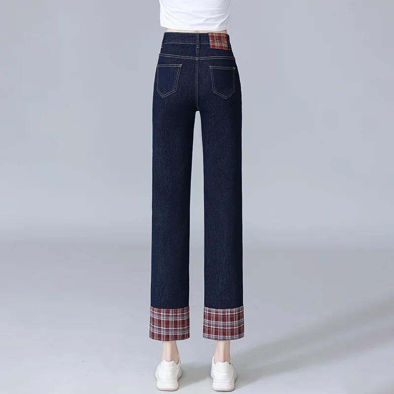 جينز دينم أزرق مكبل مستقيم الساق للنساء، سروال قصير متعدد الاستخدامات للربيع والخريف عالي الخصر للتخسيس