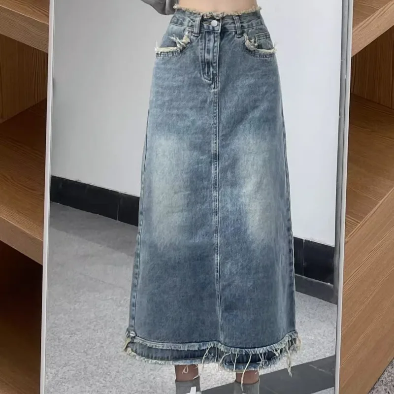 

Retro Burr Denim Skirts Women's Oversized 95kg High Waist Design A-line Long Length Package Hip Jean Dresses Summer Latest Dress