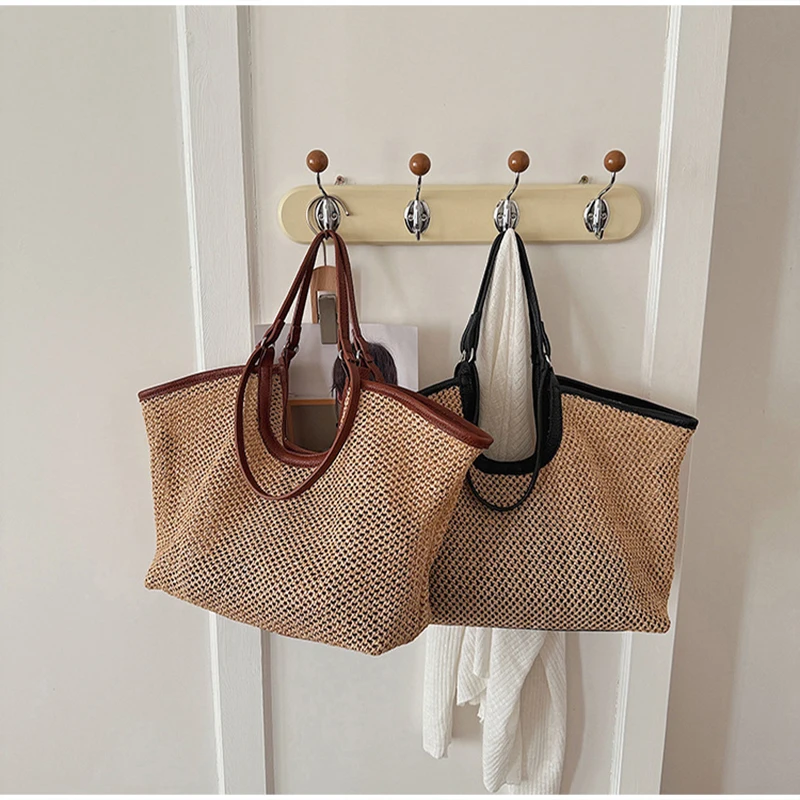 Große gewebte Tragetasche, Damen Frühlingstrendige Kontrastfarbene Hochwertige Vielseitige Schultertasche mit Henkel und Henkelgriff – Detail 14