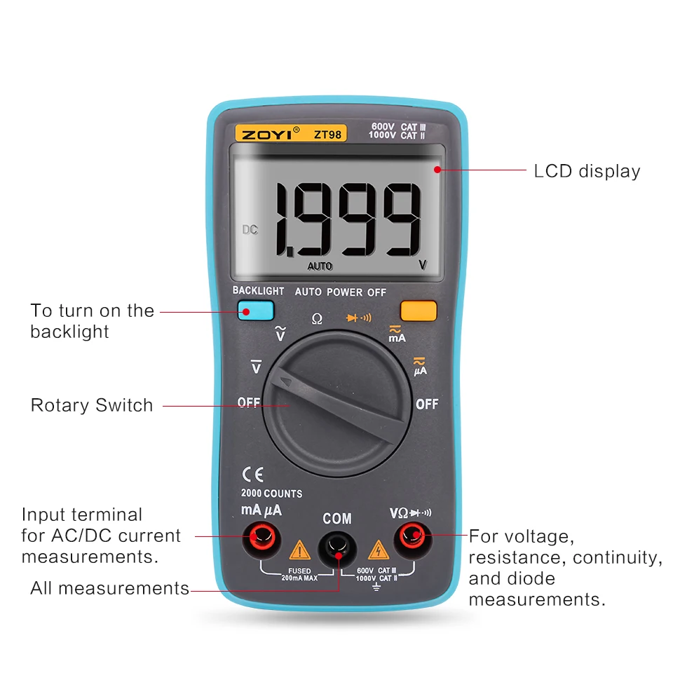 ZT98 DC AC Voltage Current Resistance Diode Temperature Tester Automatic Polarity Identification