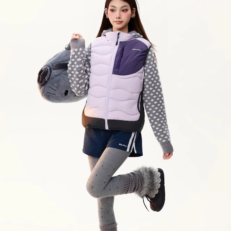 Damska kurtka z dzianiny w retro wzór w kropki, z łączonymi rękawami, na jesień i zimę, nowa, z białego puchu kaczego, z blokami kolorów, stójka, płaszcz dla dziewczyny.