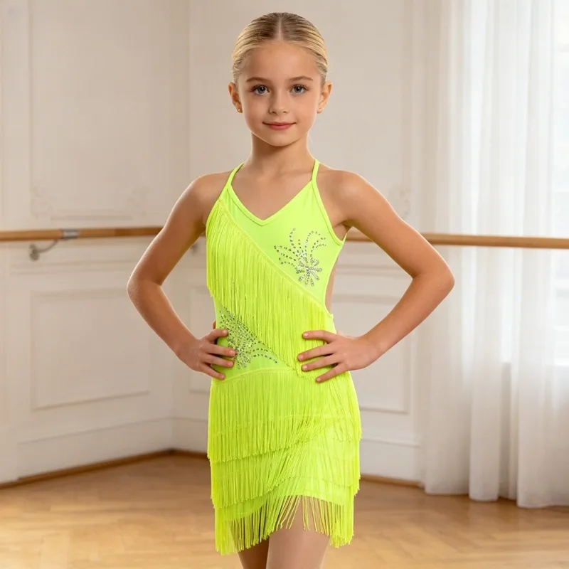 Girls Professional Latin Dance Tassel Dress Cha-Cha Rumba Triple Step Competition Stage Performance Dancing Flowy Fringed Skirt