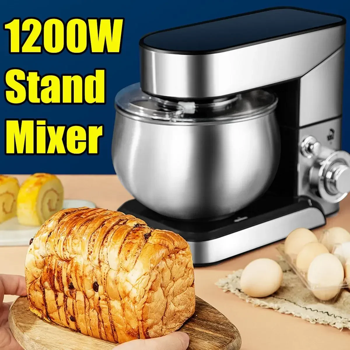 1200W 5L 6-speed Kitchen Food Stand Mixer Stainless Steel Bowl Home Cream Egg Whisk Blender Cake Dough Bread Mixer Maker Machine