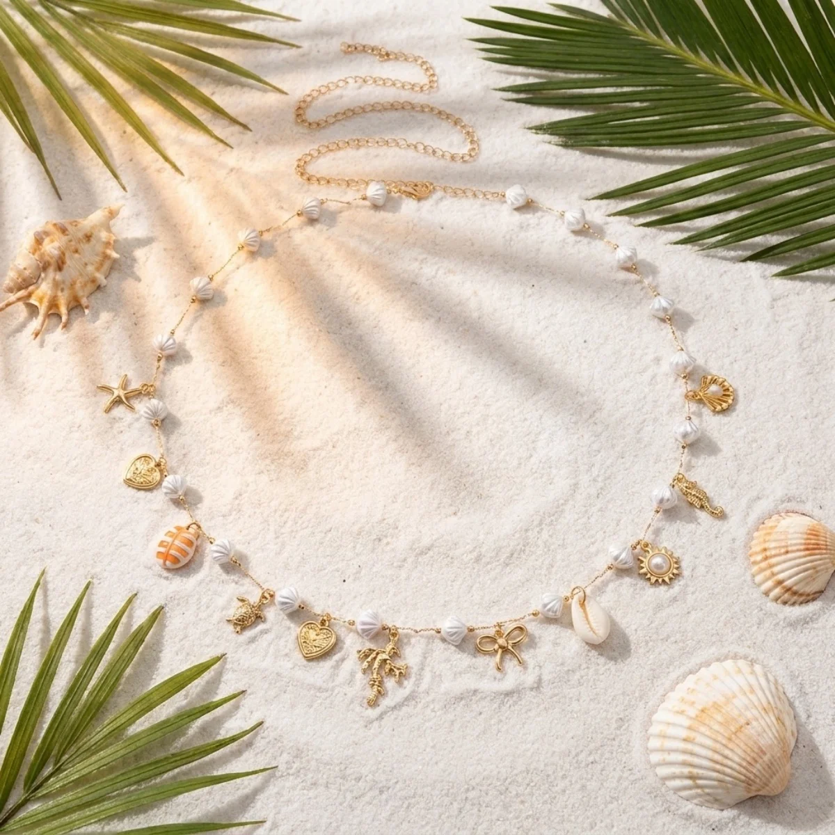 Acryl-Muschel-Sonnenkorallen-Bowknot-Seepferdchen-Taucherquasten-Taillenkette für Damen und Herren – Boho-Ozean-Herz-Bauchkette als Körperschmuck – Detail 21