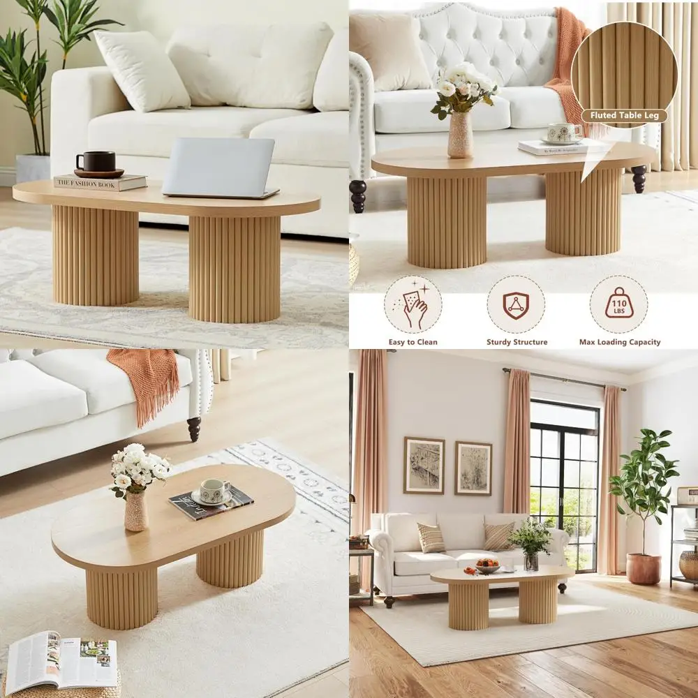 

Mid Century Modern Farmhouse Style Coffee Table - Oval Fluted Wood Living Room Center Table with Boho Chic Decor