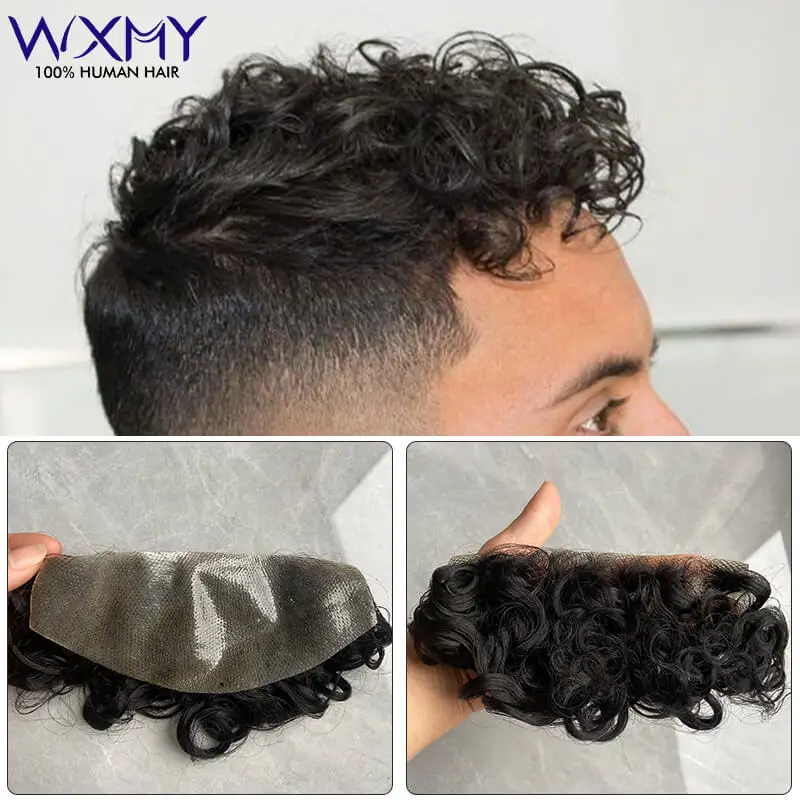 Perucas realistas de cabelo humano pele cheia para homens, peruca encaracolada, cabelos dianteiros, sistemas de cabelo, prótese capilar