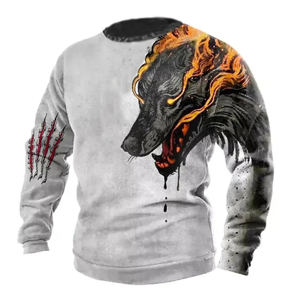 2023 Men\'s Retro T -shirt Men\'s long -sleeved 3D lion print oversized clothes o Neck casual T -shirt men\'s T -shirt street cloth