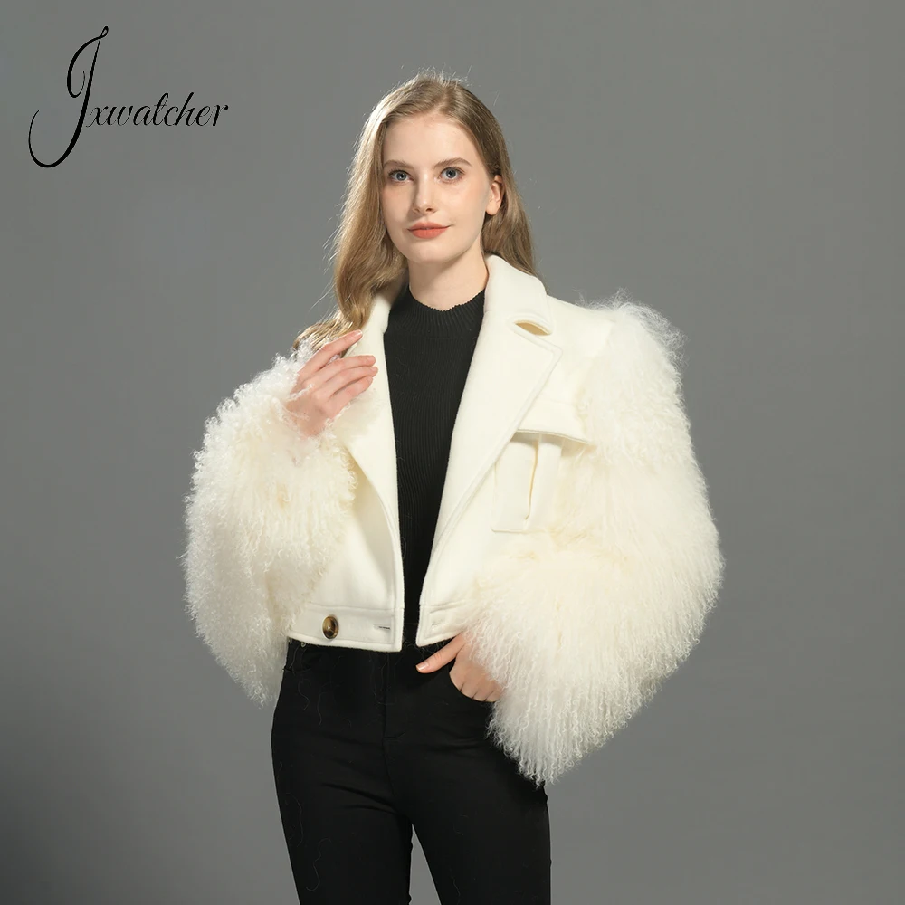 Jxwatcher Women's Wool Jacket with Real Mongolian Fur Sleeves Ladies Autumn Winter Fashion Warm Wool Blend Coat Luxury Fur Coats