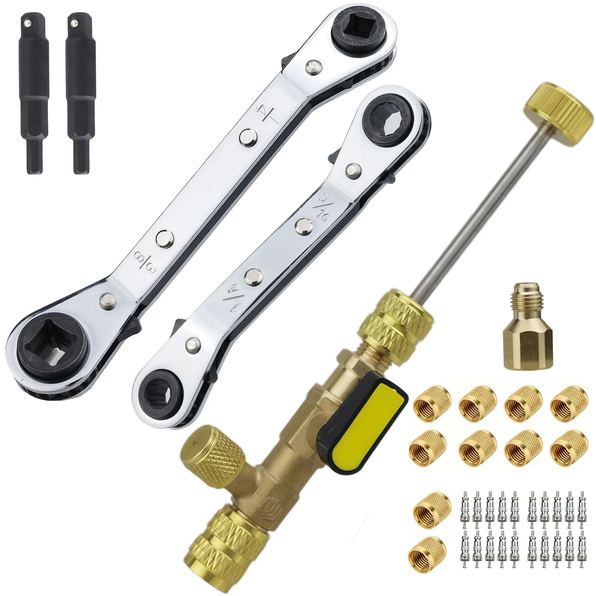 Ventileinsatz-Entferner und -Installationswerkzeug-Set mit Doppelgröße 1/4 & 5/16 Zoll Anschluss für R22 R12 R407 R410 R404 R32 R600 HVAC-Systemreparatur