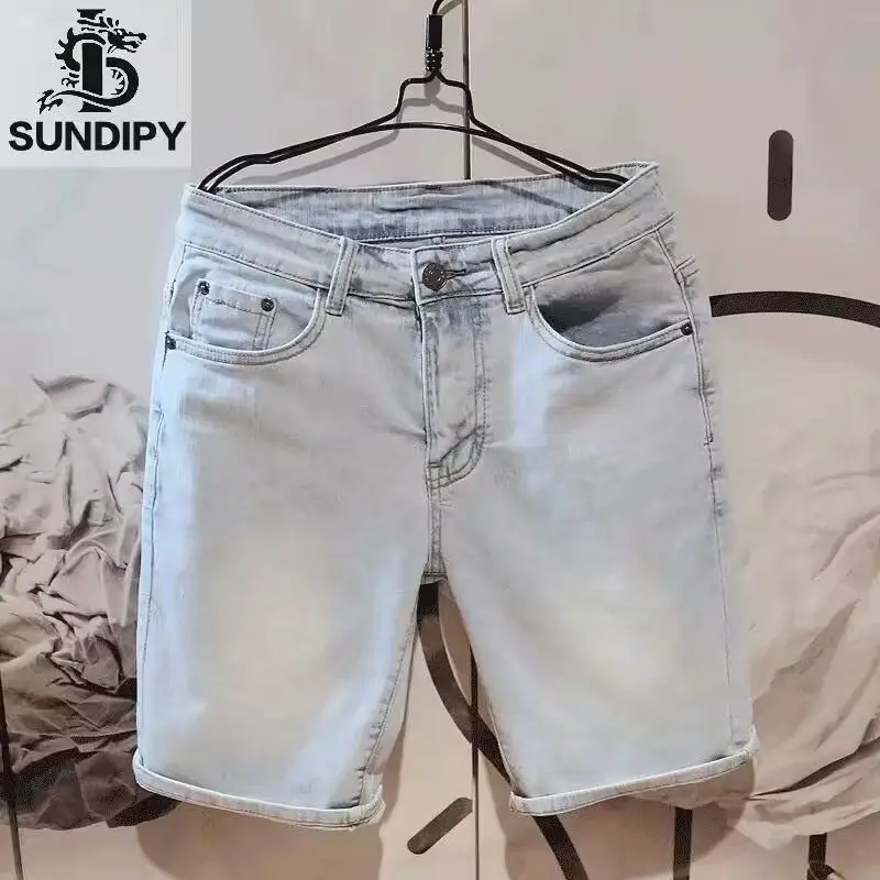 New Luxury Clothing Washed Solid Blue Men's Loose Denim Shorts Stretch Knee Length Summer Boyfriend Korean Fashion Casual Jeans