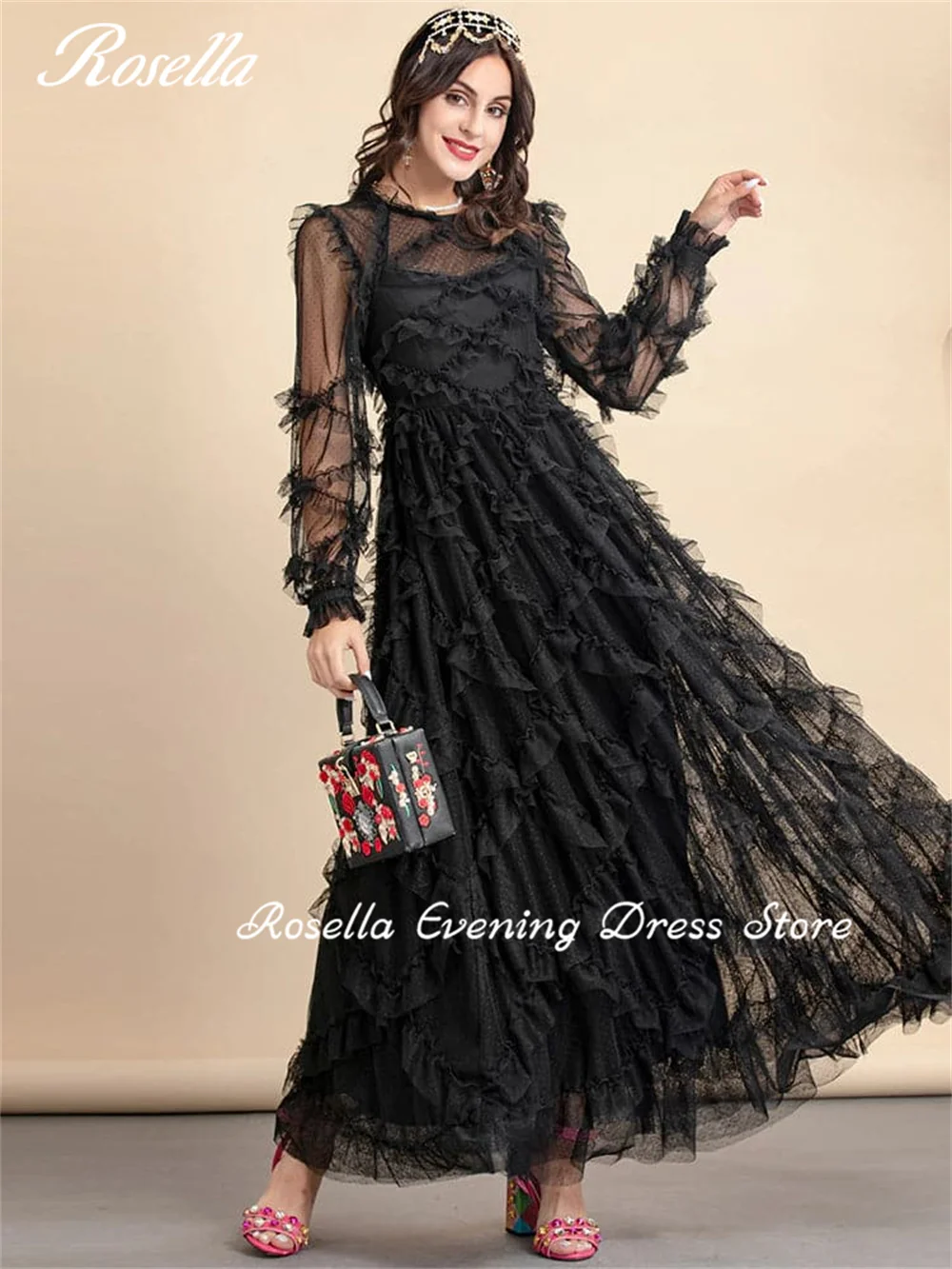 ROSELLA Black O Neck Evening Dresses Lace Ankle Length A-Line with Ruffles Formal Occasions Dress New 2024