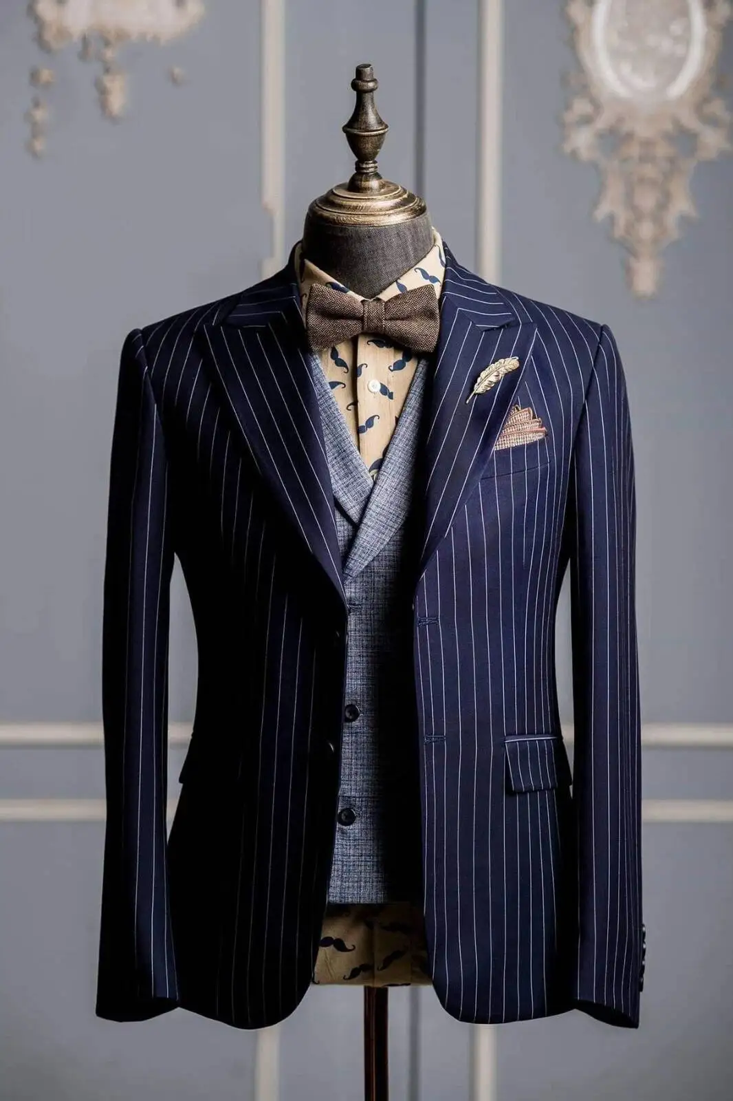Men Navy White Vertical Pinstripe Blazer Peak Lapel Striped Men's Suits Business Regular Fit Workwear Only Jacket Customized