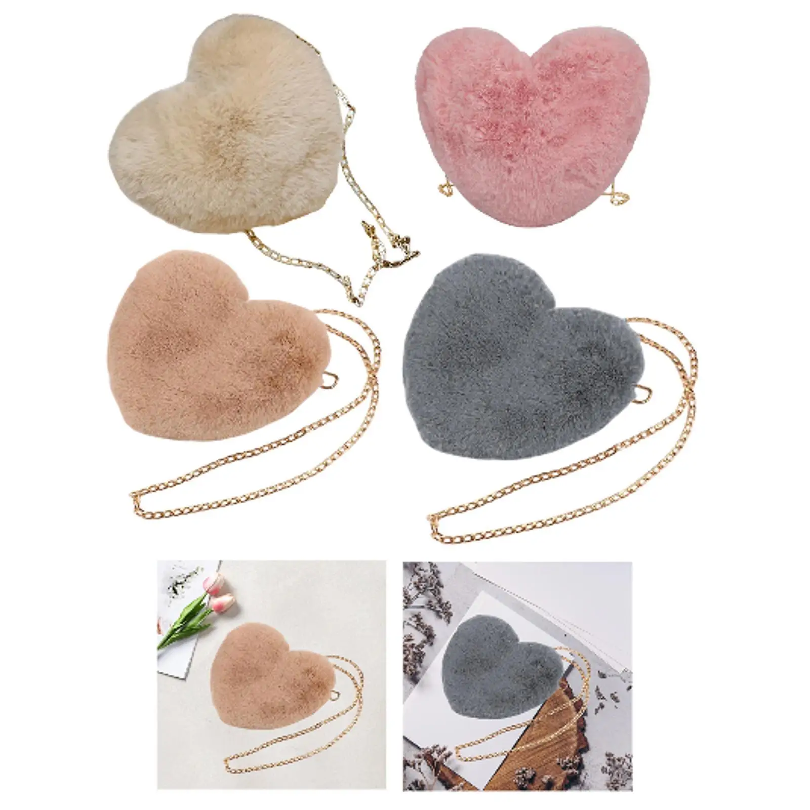 Heart Shaped Shoulder Bag, Women Fluffy Purse, Fashion Wallet Plush Handbag Evening Bag with Chain