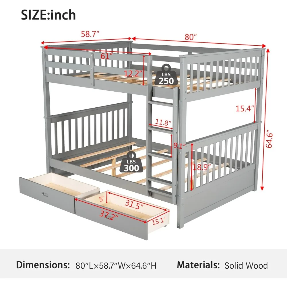 سرير خشبي بطابقين مع أدراج، سرير خشبي بطابقين قابل للتحويل مع سلالم ودرجين تخزين، إطار سرير من الخشب الصلب قابل للفصل #2