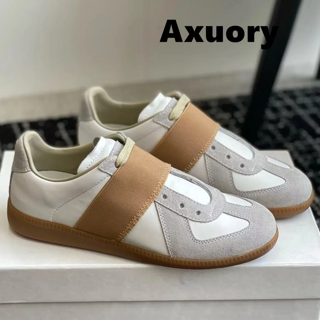 

2024 Women's sneakers Genuine leather splicing Round head Elastic band Retro Style luxury Design Flat sports shoes