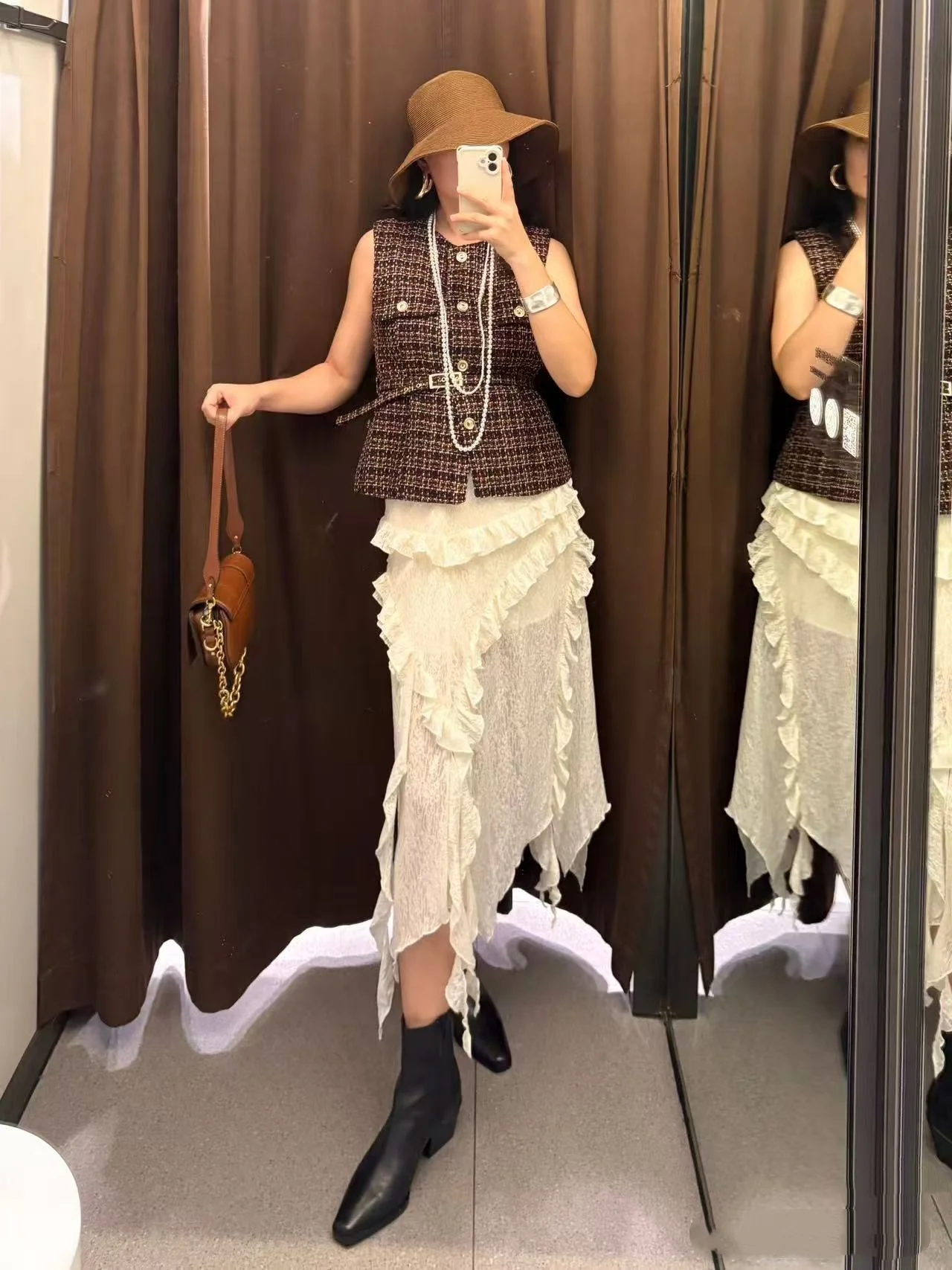 Automne 2025 Nouveau petit Fraance pour femmes, ceinture taille haute, taille Svel en texture, débardeur de luxe en polyester léger...