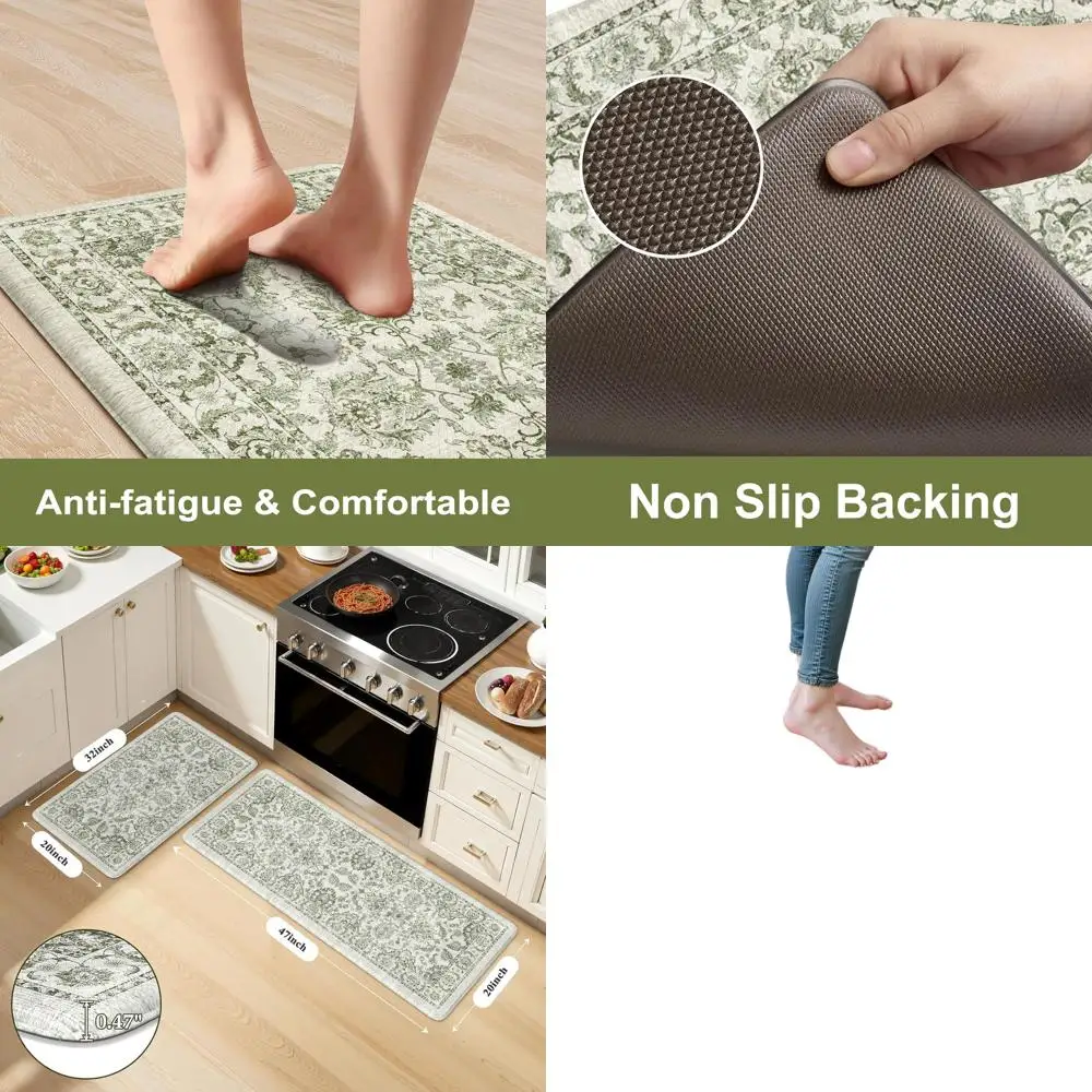 

Набор винтажных ковриков в стиле бохо с цветочным принтом, нескользящий кухонный напольный коврик, мягкая дорожка для ковров, 20x47 + 20x32, зеленый