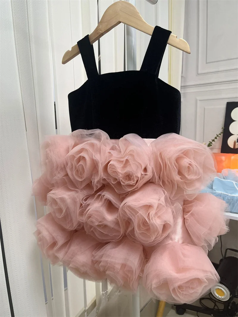 أسود وردي طفل أطفال الزهور تول زهرة فتاة فساتين التواصل الأول فساتين عيد ميلاد هدية الكريسماس حفل زفاف عيد ميلاد #6
