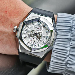 Reef Tiger/RT Top Brand Luxury Mechanical Skeleton Watch For Men Black Shark Hexagon Automatic Rubber Band Watches Rejos