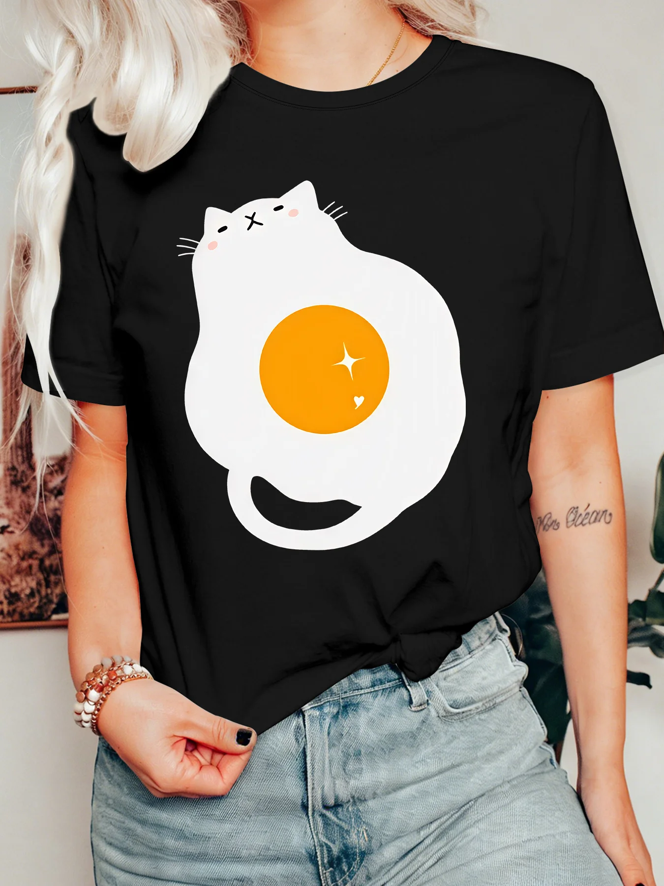 Cute Egg Cat Art Womens Crew Neck Short Sleeve T Shirt Lovely Fried Egg Kitten Minimalist Cartoon Casual Graphic Tees For Ladies