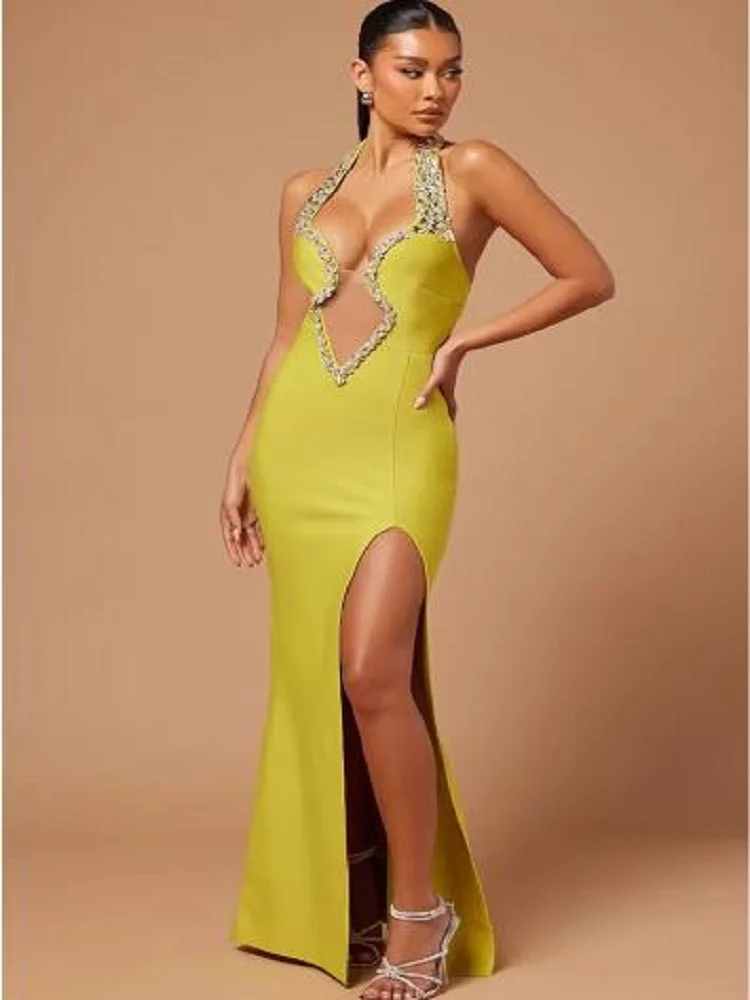 

2024 Women Summer Sexy Backless Diamonds Beading Yellow Black Maxi Long Bodycon Bandage Dress Elegant Evening Club Party Outfit