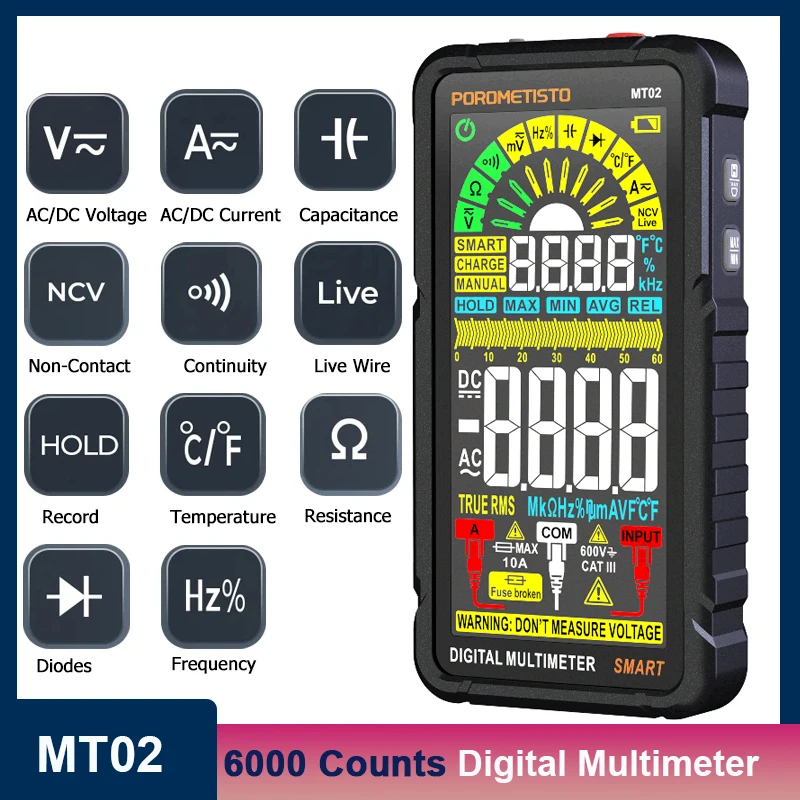 MT02 Rechargable Digital Multimeter 600V 10A AC DC Voltage Current Resistance Continuity Duty Cycle Capacitance Temperature Test