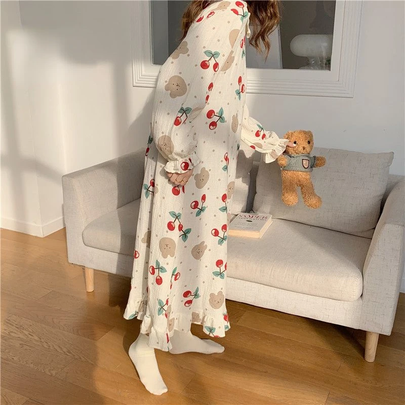 Cotton Robe Long Sleeve Nightgown with Bra Pads Women Sleepwear Loungewear Kawaii Clothes Print Loose Soft Kimono Nightgown