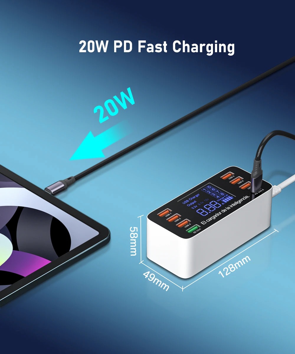 8 Ports USB Charger QC3.0 Quick Charge Phone Charger Adapter Type C 20W PD Fast Charger For iPhone 13 12 Samsung Xiaomi Huawei