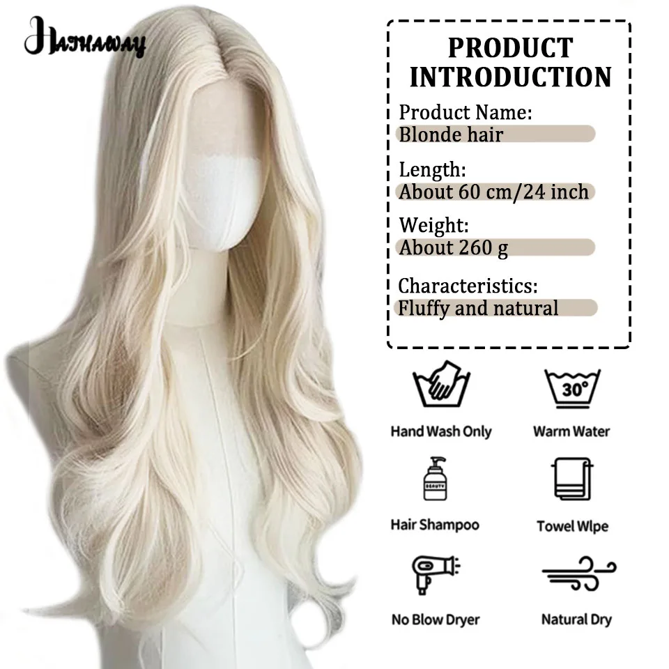 24 Inch Platinum Wig Female Synthetic Full Headgear Wave Forehead Lace Wave Curly Hair Eight Character Bangs Cosplay Daily Wear