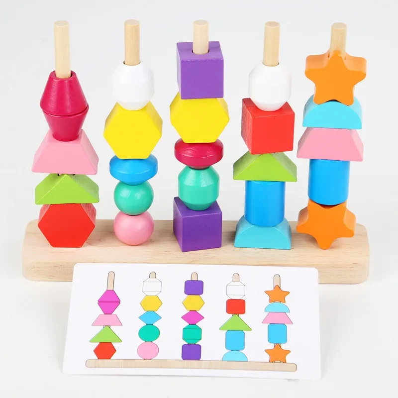 

Montessori Wooden Toys Geometric Beads Children Stringing Beads Matching Blocks Stacking Puzzle Early Education Educational Toys