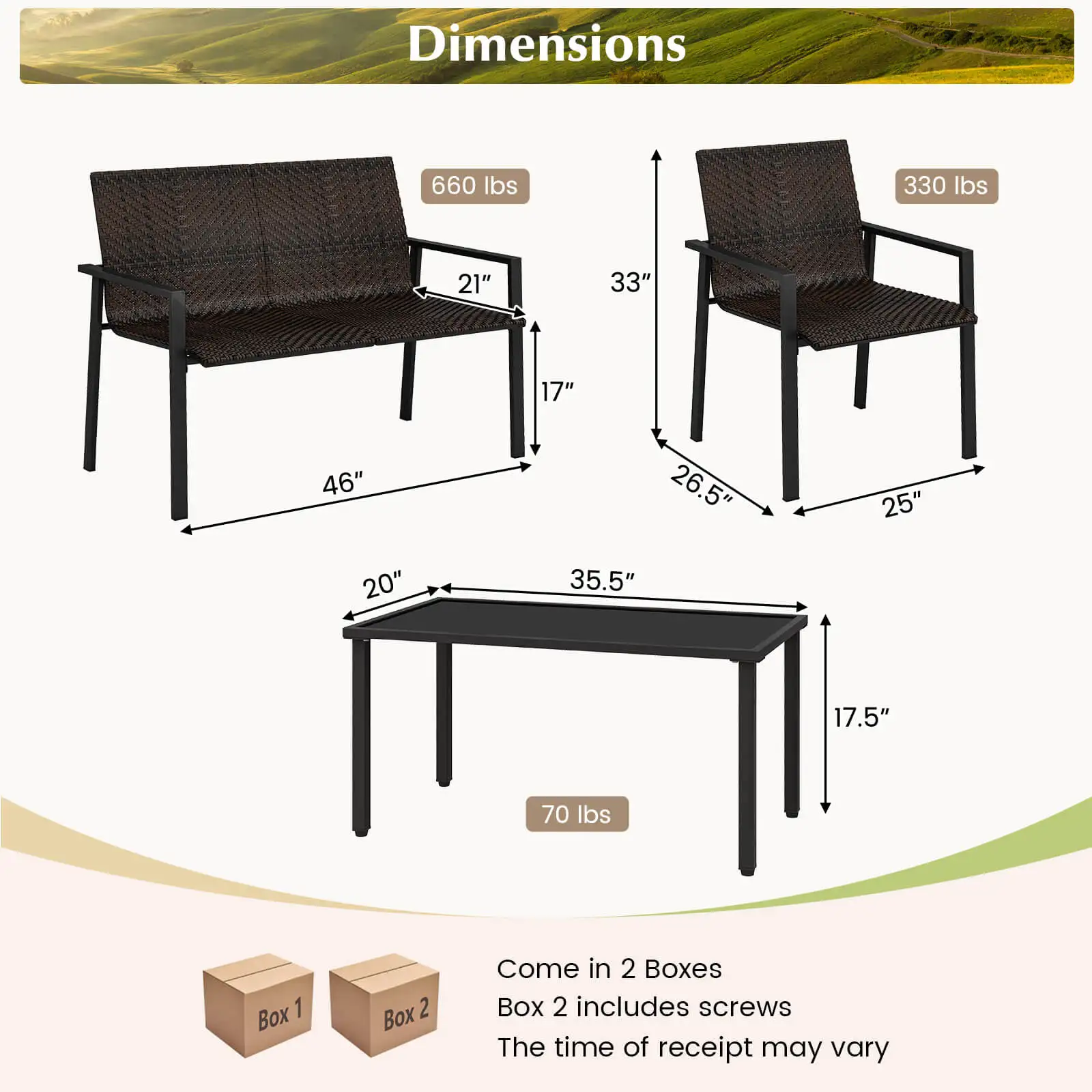 4 Stuks Outdoor Rieten Terrasmeubilair Set Met Zwaar Gegalvaniseerd Metalen Frame Mix Bruin