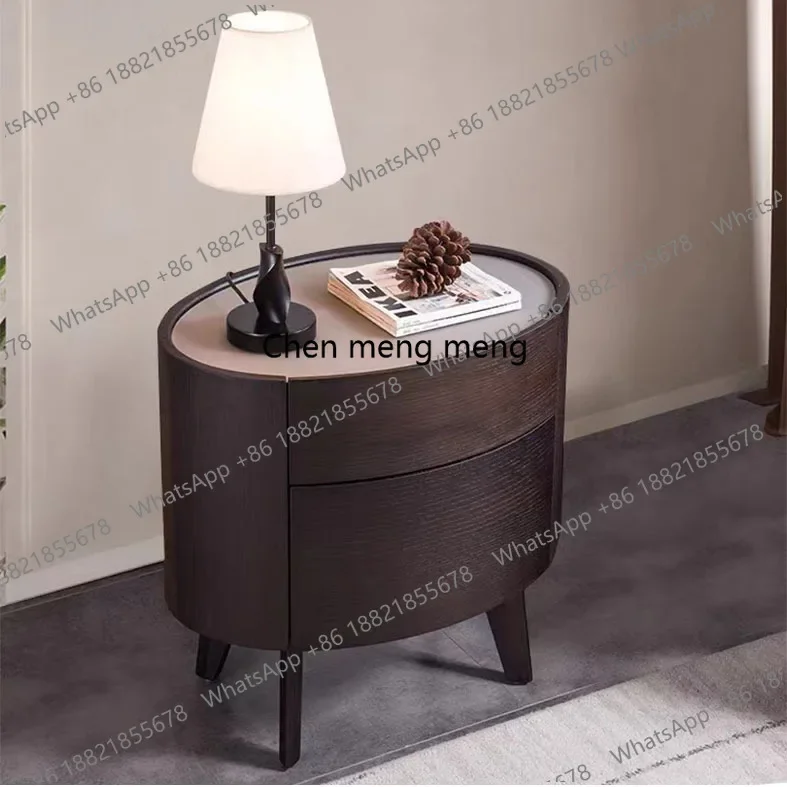 Italian minimalist smoked solid wood bedroom bedside table small apartment light luxury oval bedside table b567