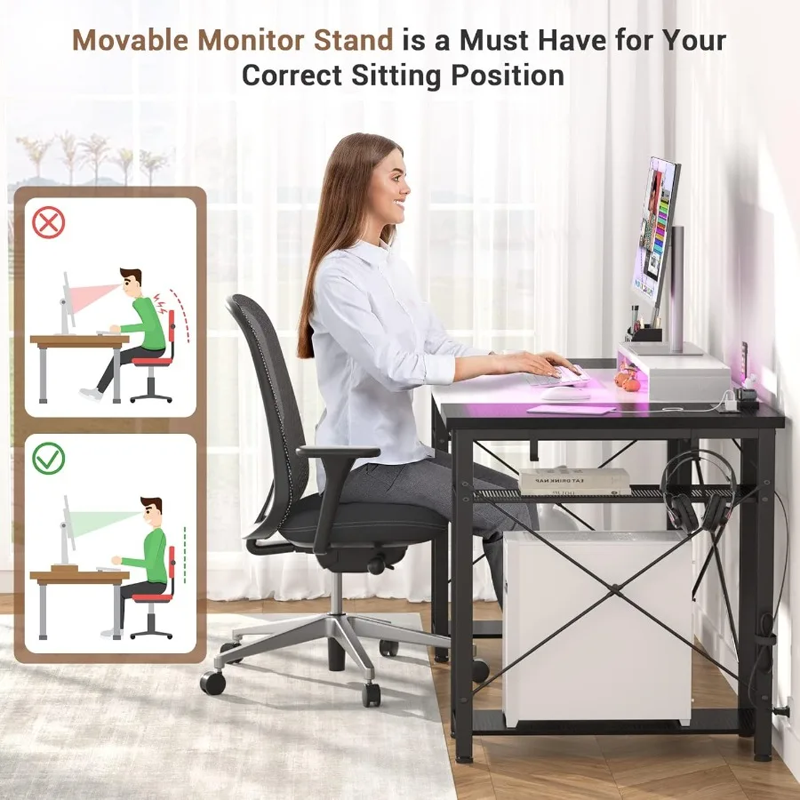 مكتب كمبيوتر 55 بوصة مع أضواء LED مدمجة ومنافذ USB مدمجة ومنافذ USB بتصميم قابل للعكس مع شاشة قابلة للتعديل S #6