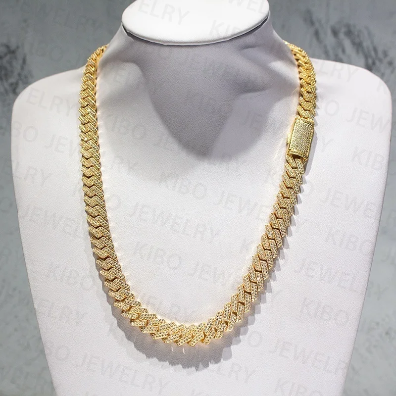 Luxury Hip Hop Jewelry Gold Plated 12MM Prong Setting 925 Silver VVS Moissanite Cuban Link Chain Necklace