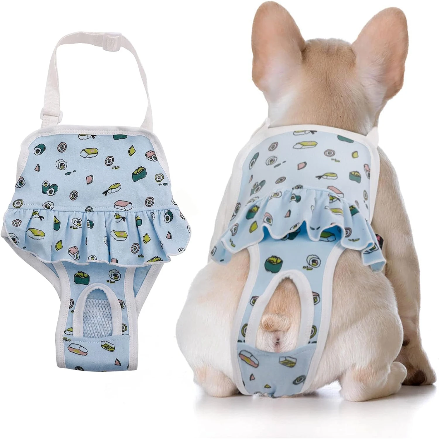 Comfortable Adjustable Washable Female Dog Diapers with Suspender for French Bulldog - Reusable Sanitary Pet Panties for Heat Cy