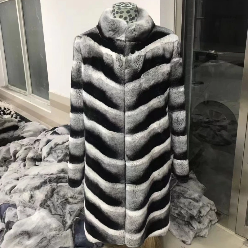Abrigo de piel a rayas de Chinchilla grueso para mujer, piel de conejo Rex Real, Sudadera con capucha cálida, moda de invierno, nuevo, 2022