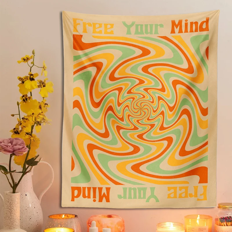 Vintage Tapestry Free Your Mind Retro Wall Hanging Retro Psychedelic Hippie Bohemian 70s Decor Mindful Quote INS Home Decor