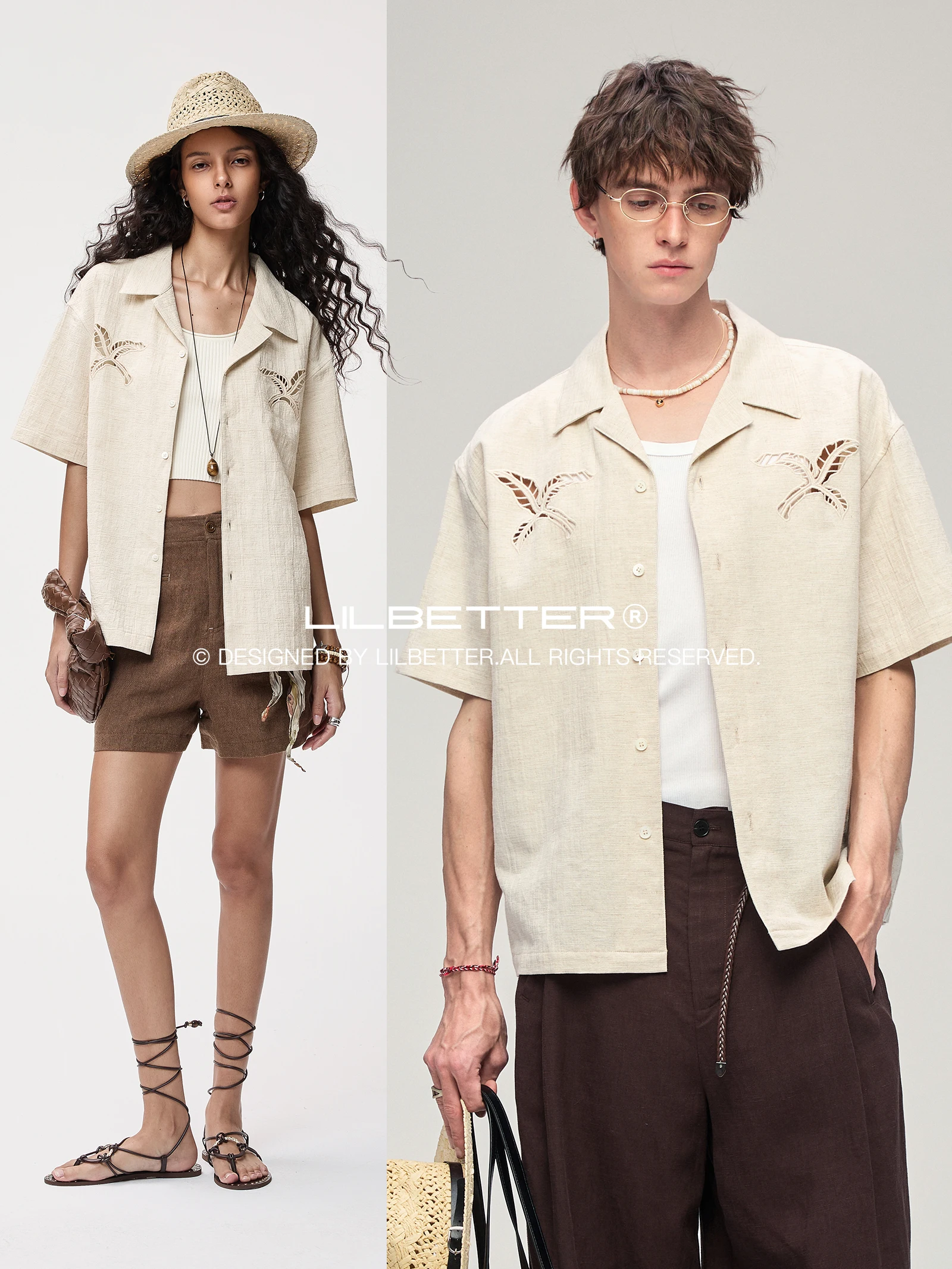 Lilbetter Cotton Linen Texture Hollow Embroidery Short Sleeve Shirt Cuban Collar Open Cardigan Shirt Loose Fit Fashion Urban ...