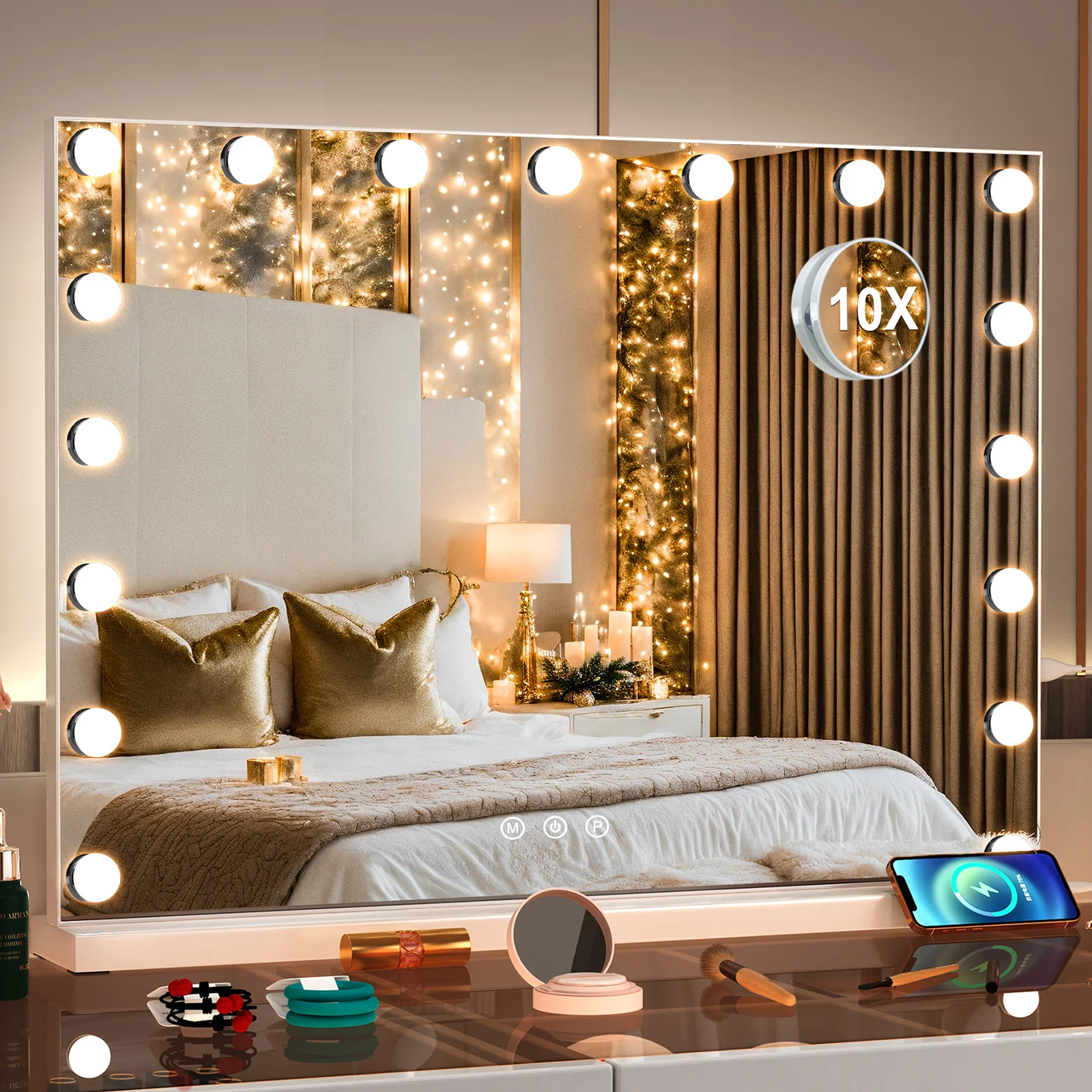 Miroir de maquillage Hollywood avec 17 lumières LED, grand miroir de maquillage 60x52cm, miroir cosmétique éclairé à intensité réglable pour coiffeuse et chambre à coucher