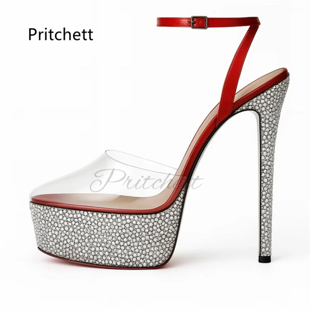 

Серебристые кристальные босоножки на платформе из ПВХ для женщин, с блестящим прозрачным острым носком, на высоком каблуке с ремешком и пряжкой, весенне-летние свадебные туфли